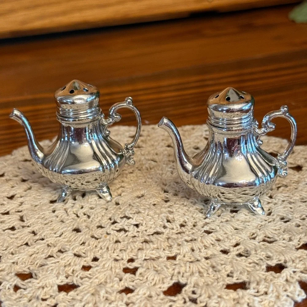 Swan Logo Teapot Salt and Pepper Shakers Silver Plated Japan Vintage Excellent